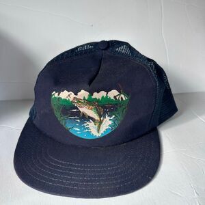 Vintage Bass Fish Fishing Navy Blue P Cap Hat